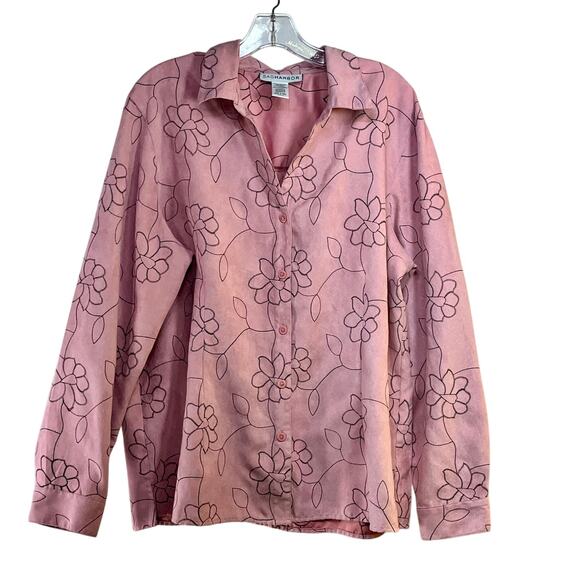 Sag Harbor Floral Embroidered Top Button Front Women's XL Pink Black Faux Suede - Picture 1 of 3